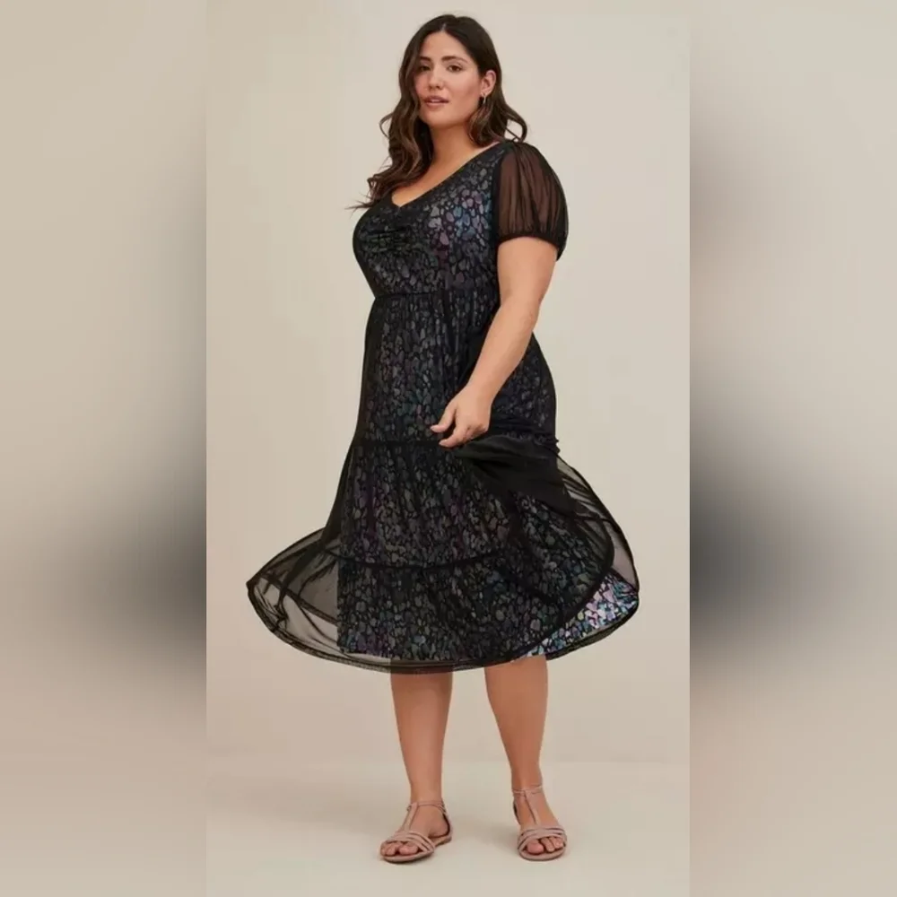Torrid Tiered Midi Dress - Soft Mesh Spotted Black, BNWT, Size 1X